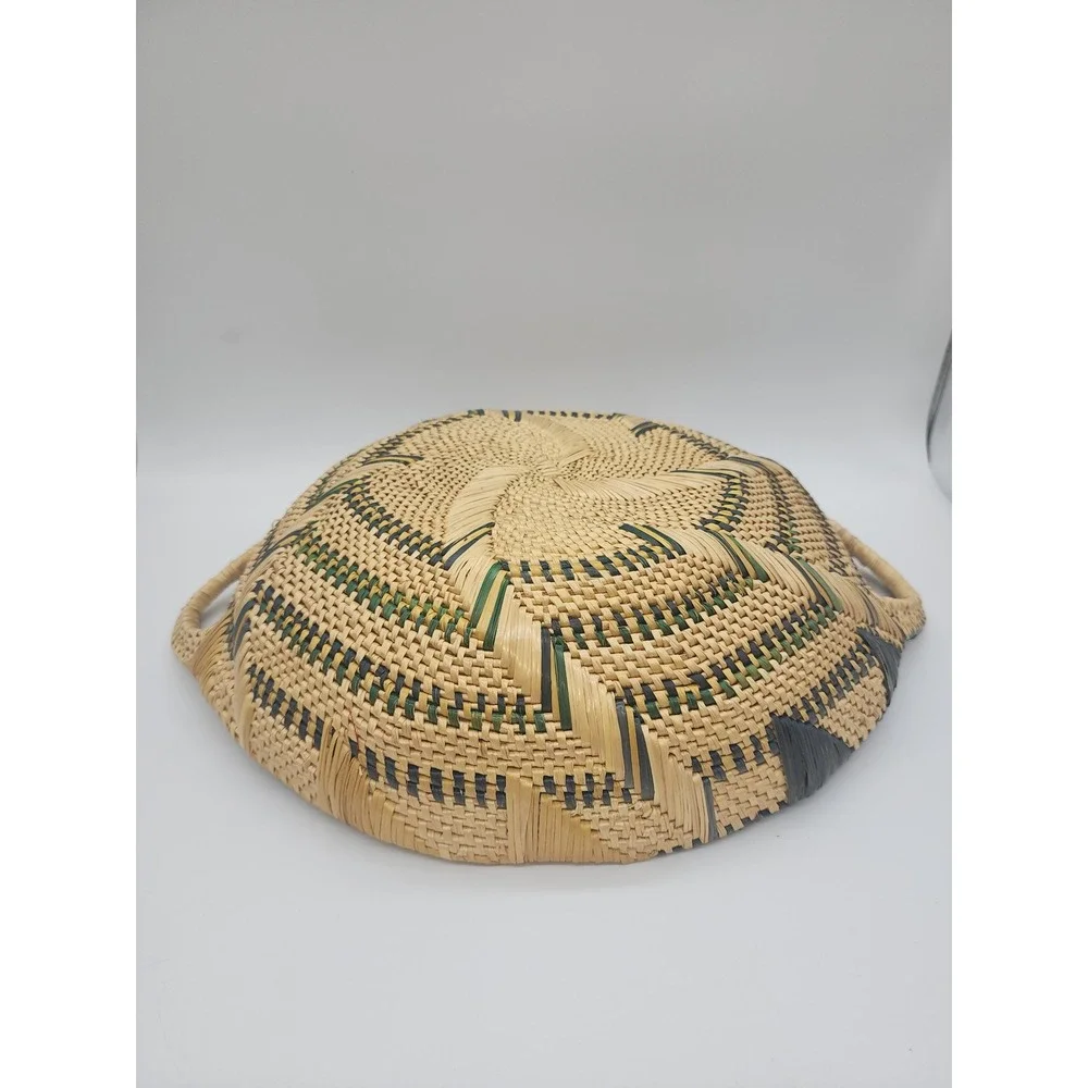 Handcrafted Woven Basket Tray Sunburst Pattern Round Shallow Bowl with Handles
